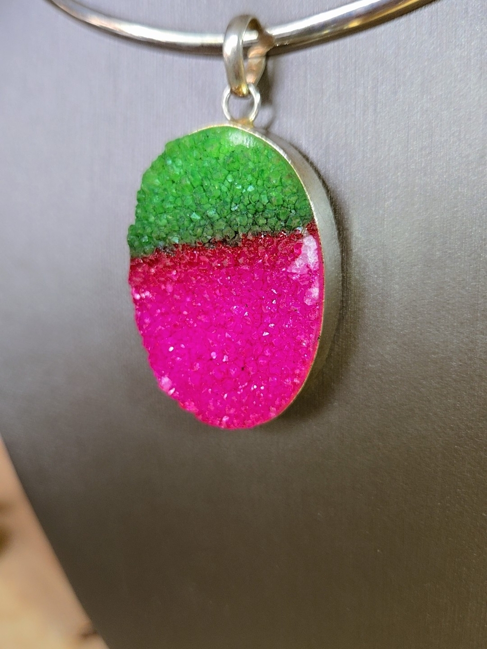 Green and Pink Watermelon Crystal Druzy Oval Pendant In 925 Silver - Picture 4 of 15